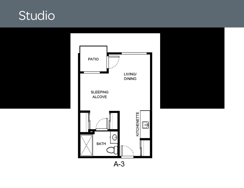 Studio apartment floor plan showing the layout of living area, sleeping alcove, kitchen, and bathroom.