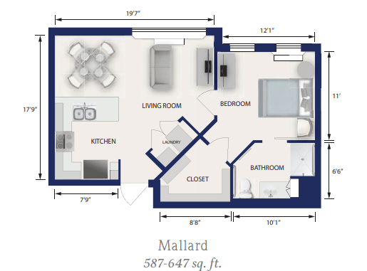 A floor plan of a 'Mallard' apartment, featuring dimensions and layout for a 587-647 sq. ft. space with a kitchen, living room, bedroom, bathroom, and closet.