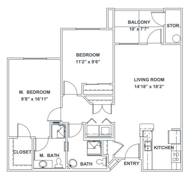 A detailed floor plan of an apartment featuring two bedrooms, a living room, kitchen, and balcony.