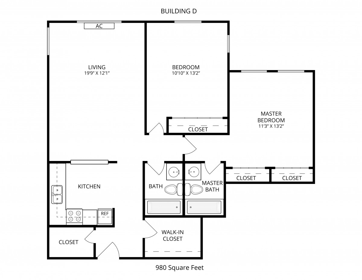 A floor plan of a two-bedroom, two-bathroom apartment layout.