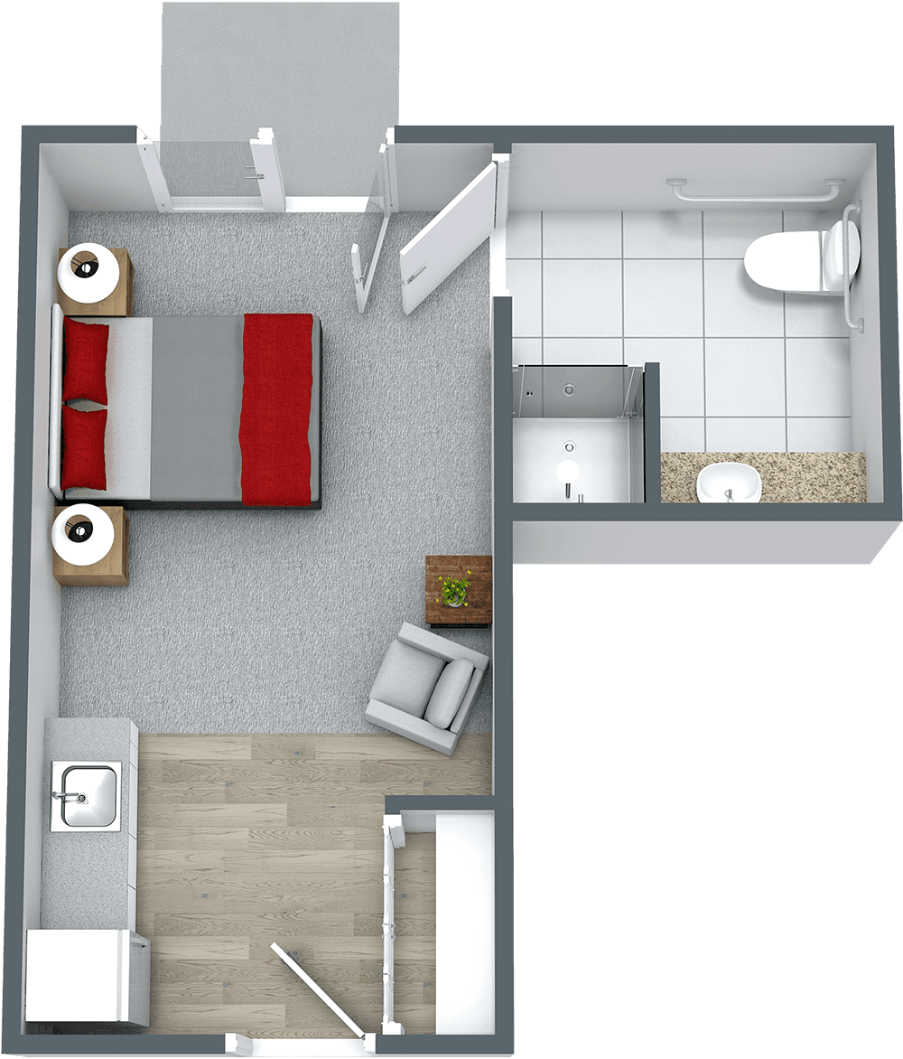 A compact floor plan featuring a bedroom with a double bed, adjacent bathroom, and small living area.