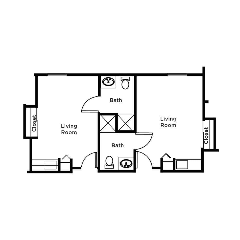 A floor plan depicting a two-bedroom apartment layout with shared living spaces.