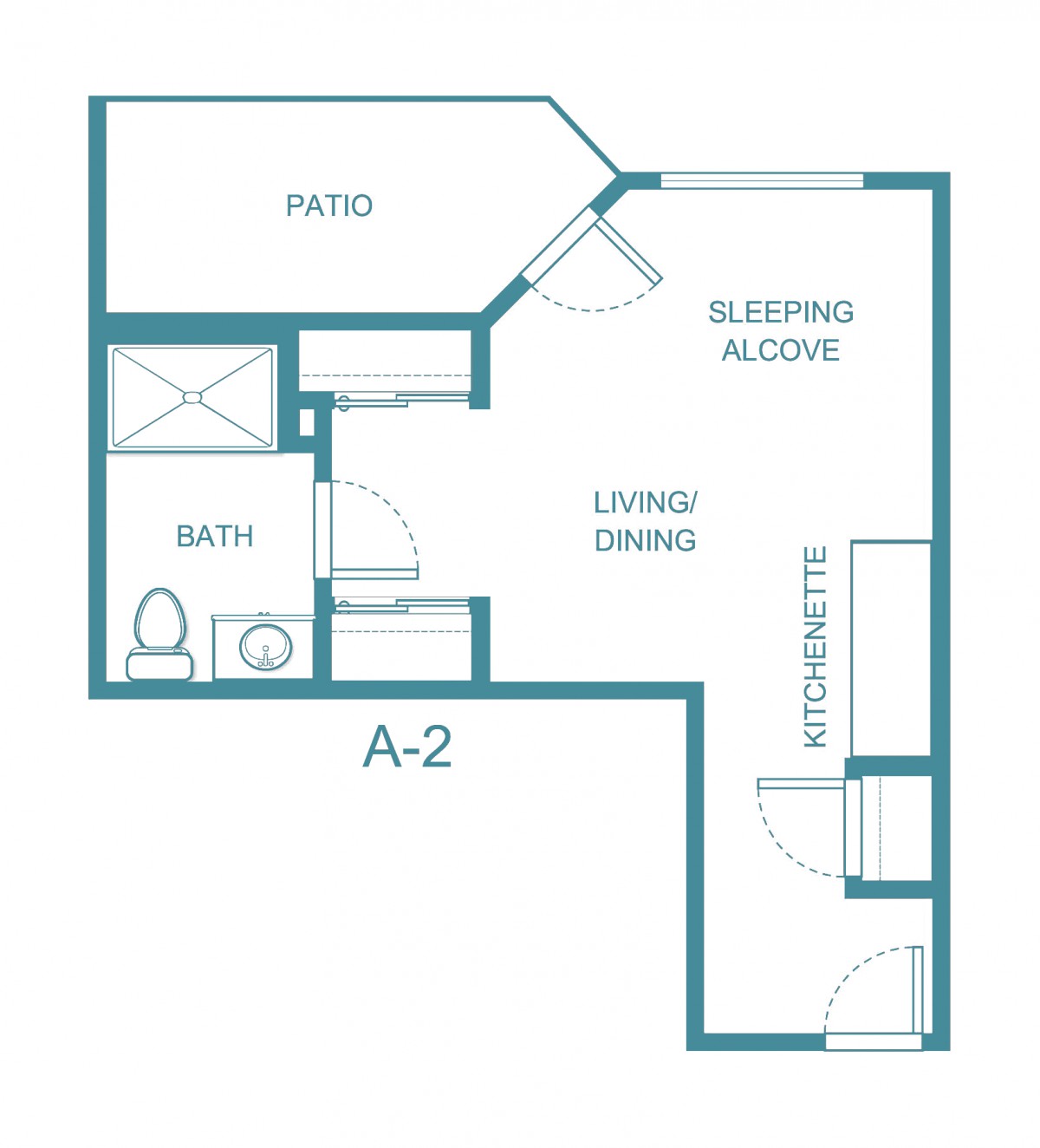 Studio apartment floor plan featuring a patio, sleeping alcove, bath, living/dining area, and kitchenette.
