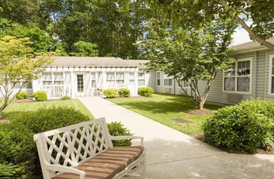 A serene garden with a bench and lush greenery surrounding a walkway.