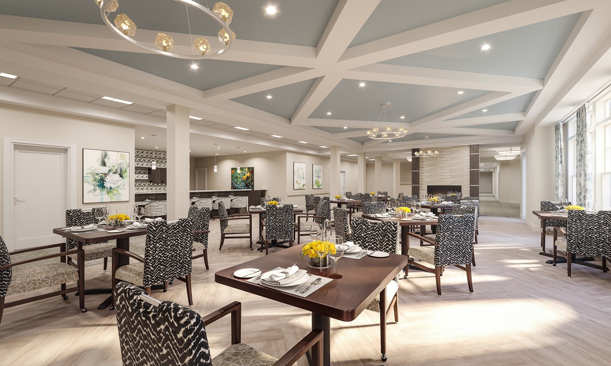A modern dining area with elegantly set tables and stylish decor.