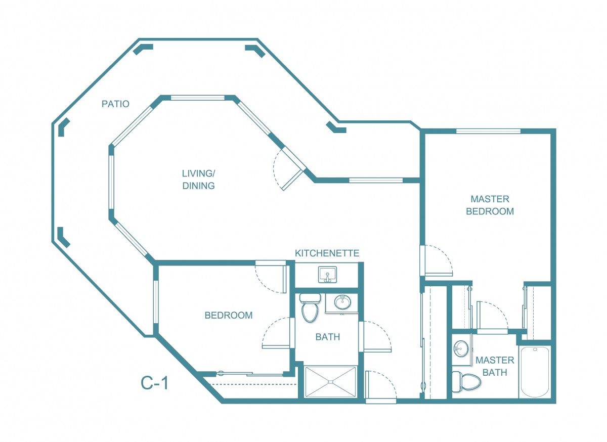 This image shows an architectural floor plan of an apartment, including spaces such as a living room, bedroom, kitchen, and bathrooms.