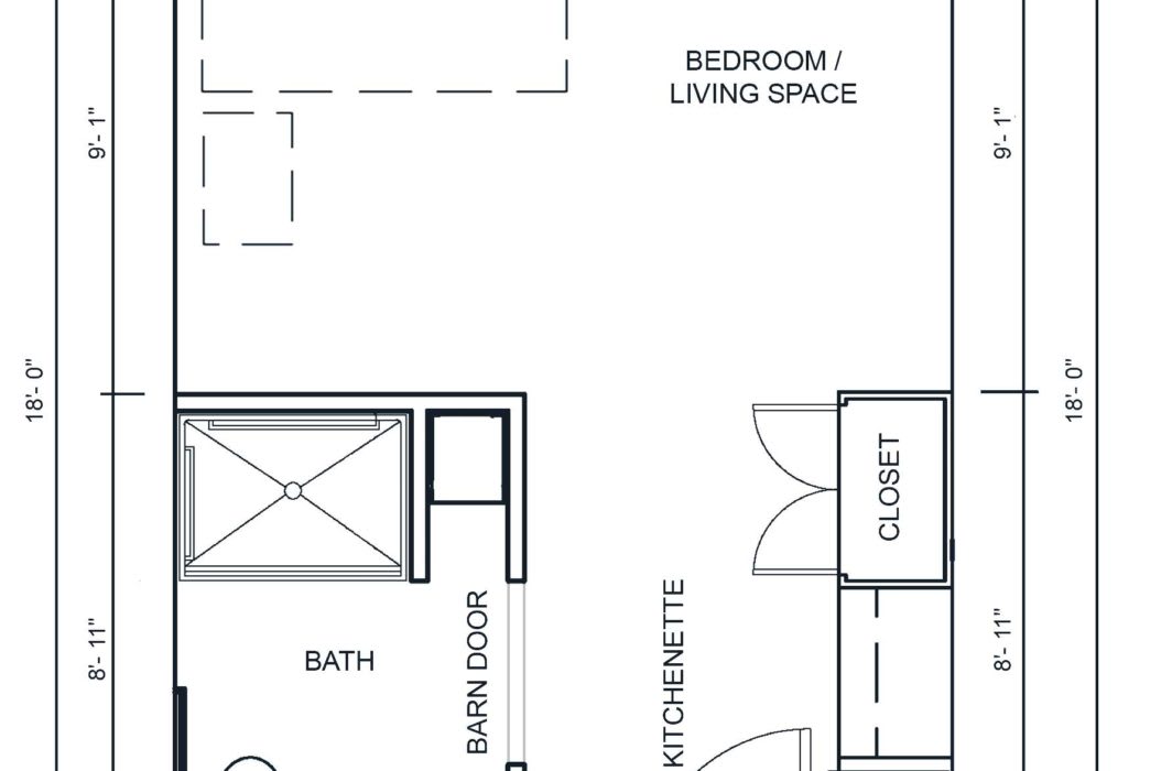 This is a floor plan of a small apartment featuring a bathroom, kitchenette, closet, and combined bedroom/living space.