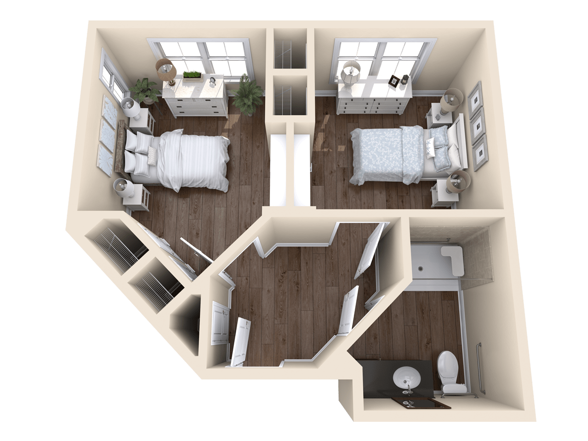 A 3D floor plan of a two-bedroom apartment with a shared bathroom.