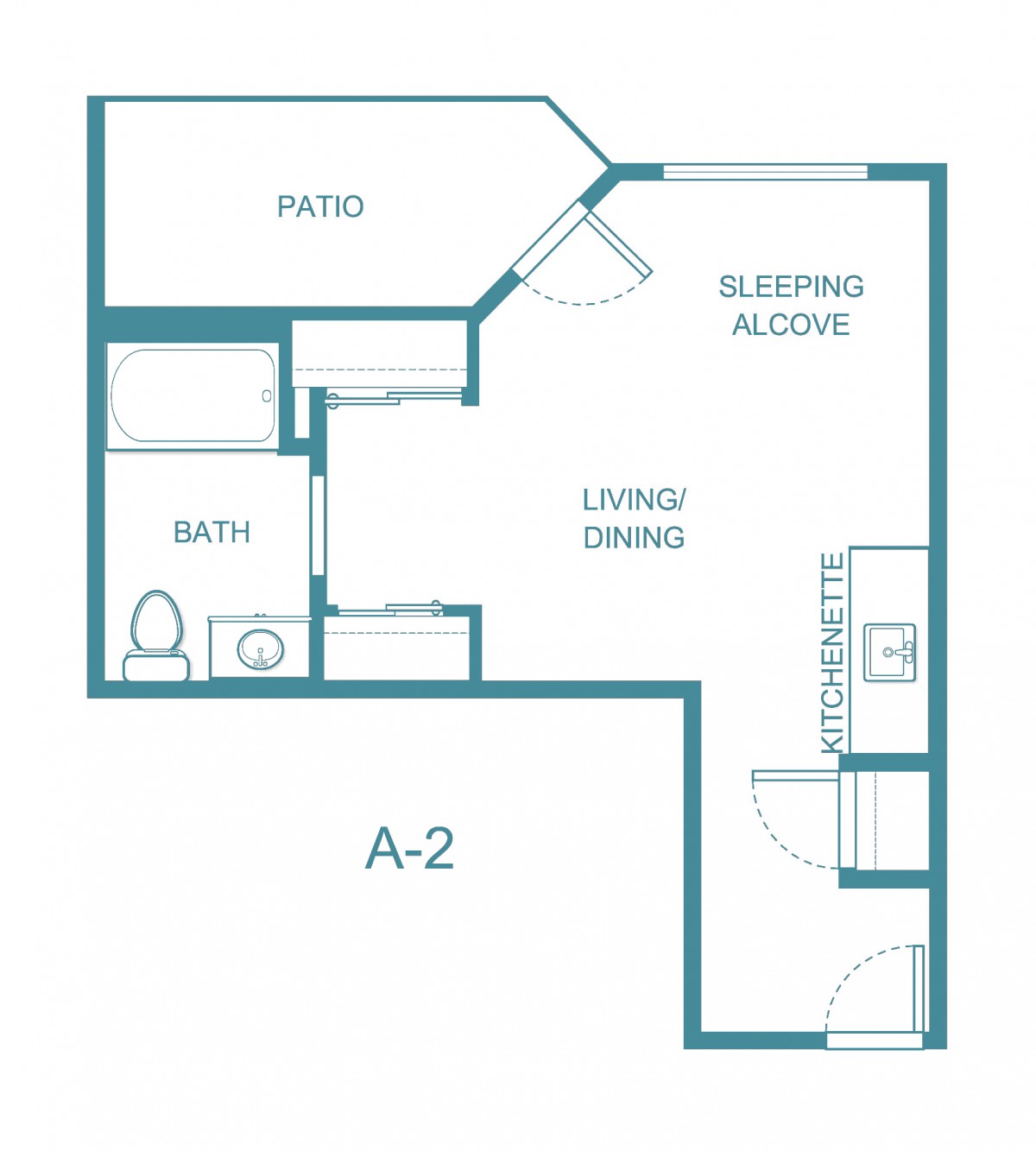 A studio apartment floor plan featuring a living area, sleeping alcove, kitchen, bathroom, and patio.