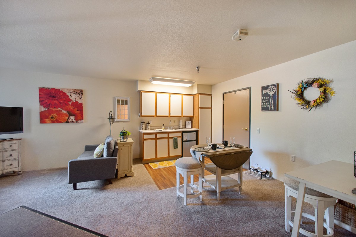 A cozy open-concept living space featuring a small kitchen, dining area, and living room in an apartment.