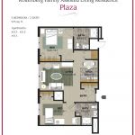 A detailed floor plan of a two-bedroom, three-bathroom apartment layout.