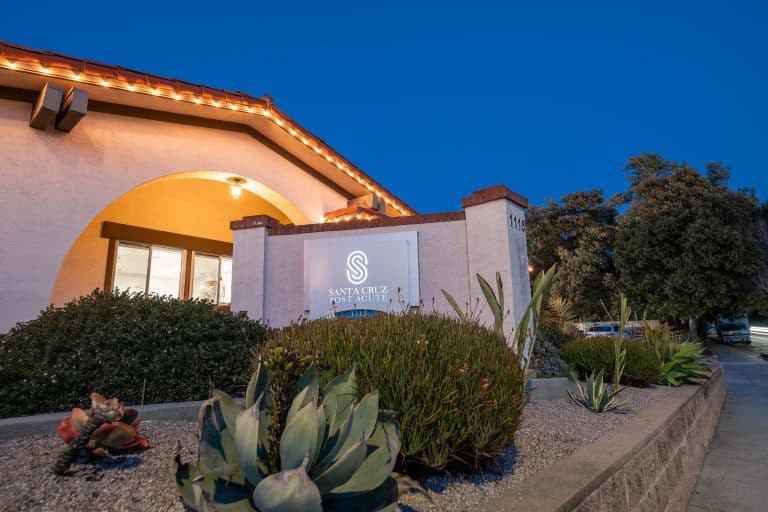 A well-lit hotel exterior with landscaped bushes and a prominent sign, captured at night.