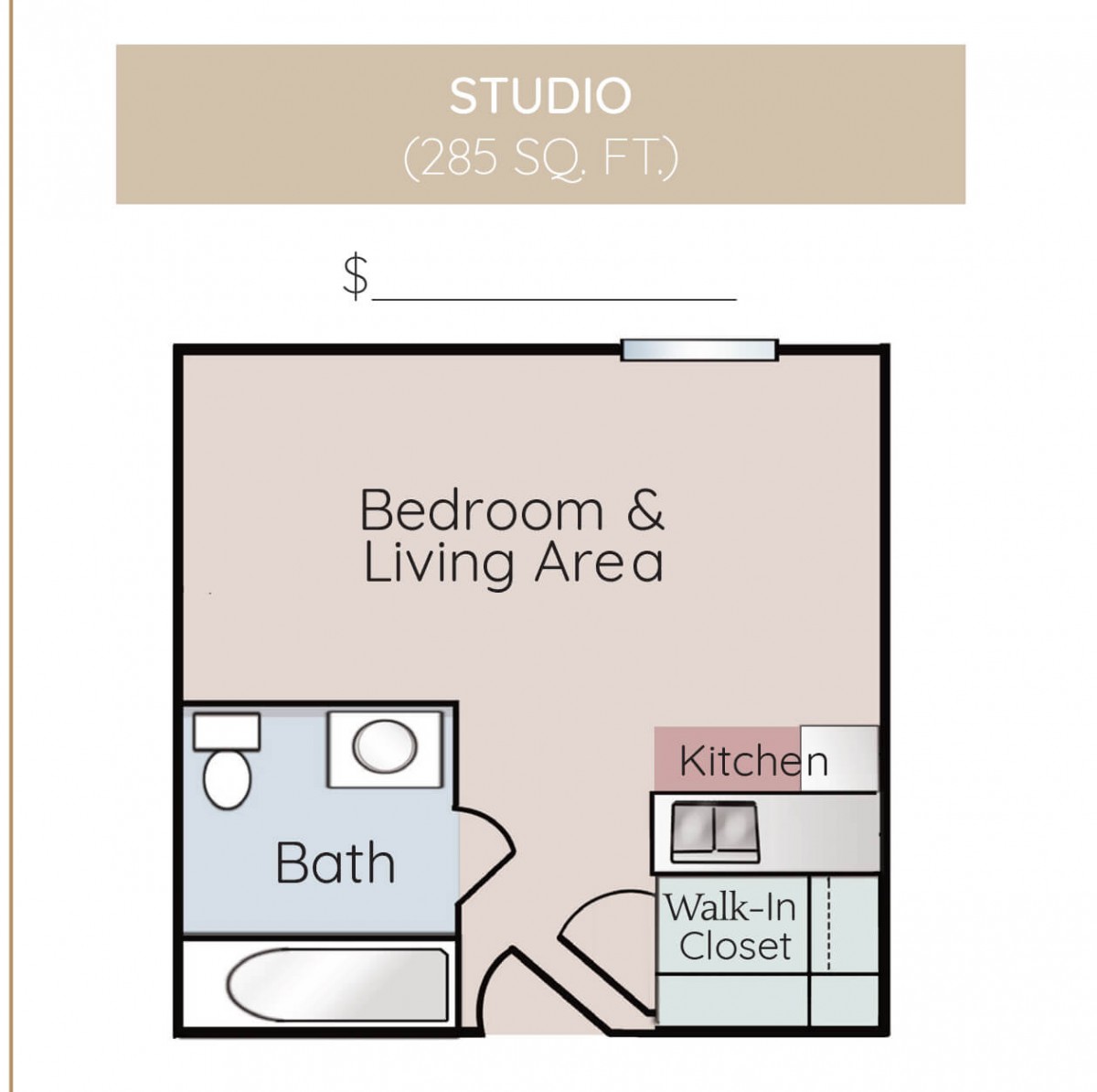 Studio apartment floor plan with bedroom, living area, kitchen, bath, and walk-in closet.