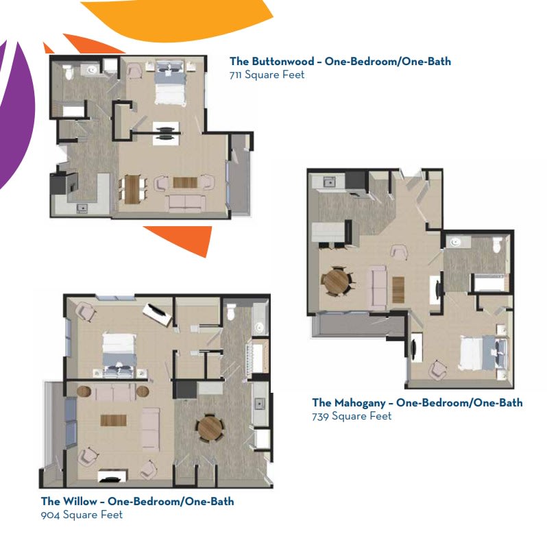 A set of one-bedroom apartment floor plans with different layouts and square footage.