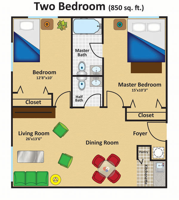 A floor plan of a two-bedroom apartment showing a master bedroom, a second bedroom, living and dining areas, a kitchen, and a master bathroom.