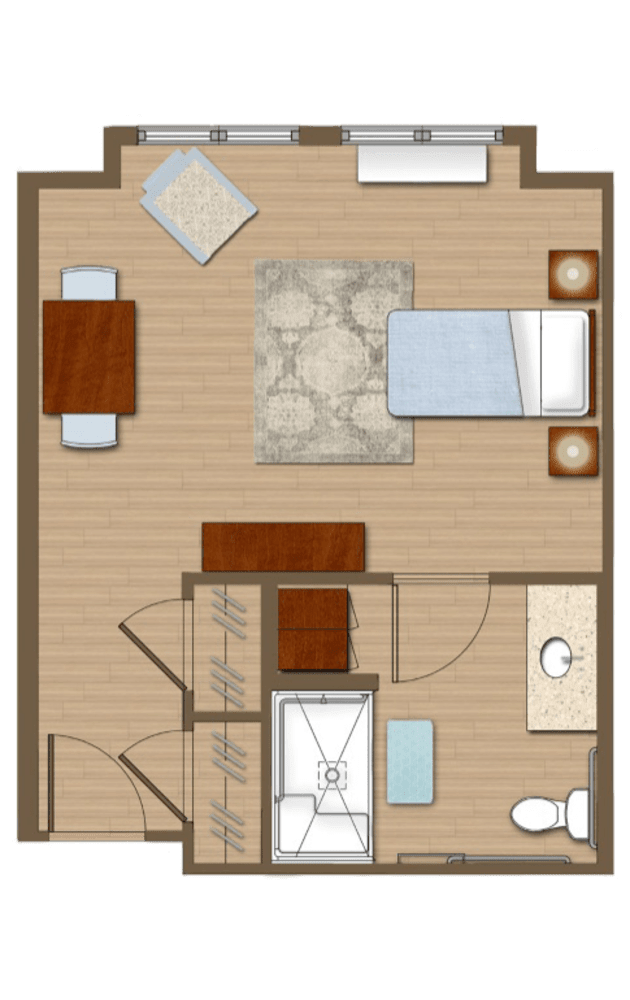 A floor plan depicting a one-bedroom apartment with designated areas for sleeping, dining, and living.