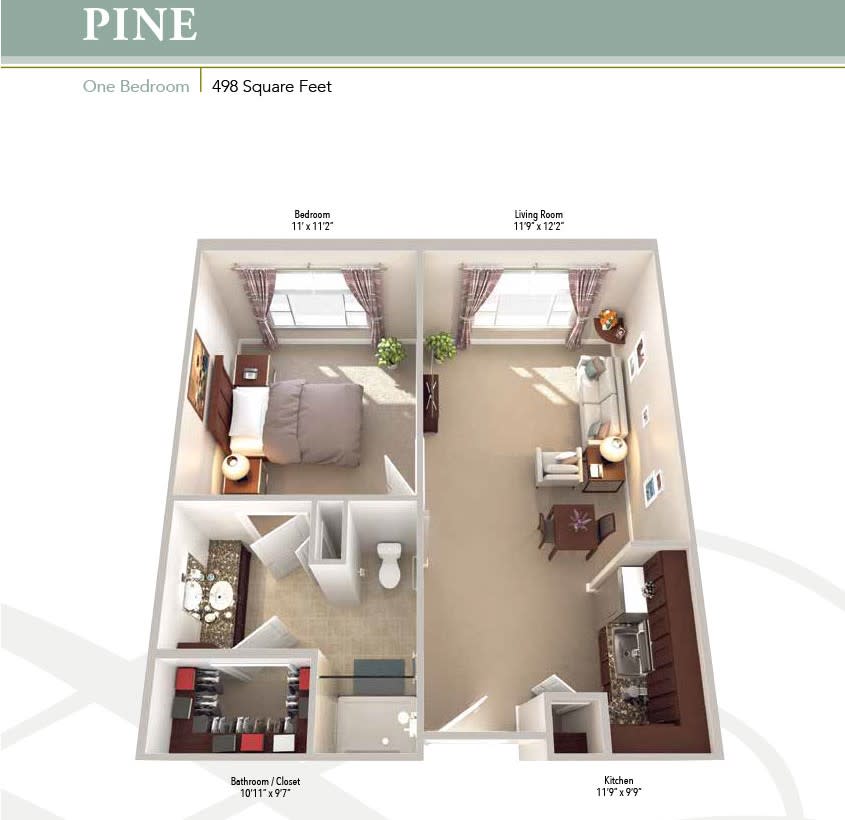 3D floor plan of a one-bedroom apartment named 'Pine'.