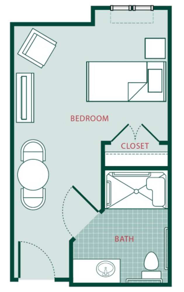 A floor plan layout showing a bedroom with a closet and furniture arrangement.