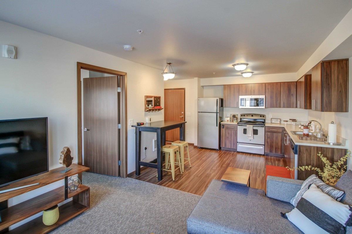 A modern open-concept apartment with a living area and kitchen.