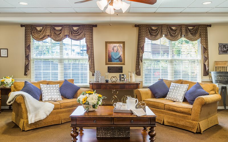 A cozy living room with elegant decor, featuring two sofas, a central coffee table, and large windows adorned with drapes.