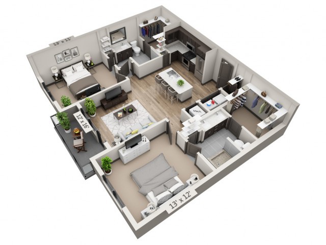 A 3D rendered floor plan of an apartment showcasing a modern interior layout with multiple rooms including bedrooms, a kitchen, and living areas.