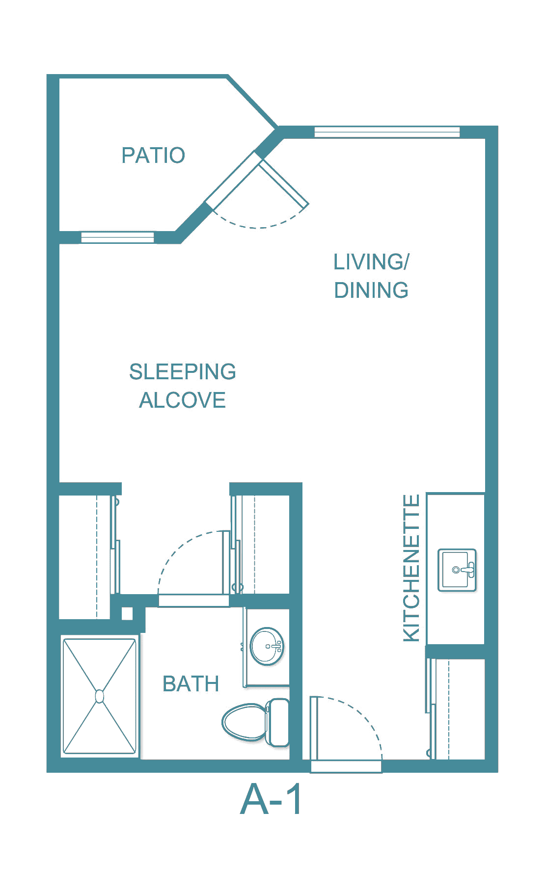 Studio apartment floor plan with sleeping alcove, living/dining area, kitchenette, and bathroom.