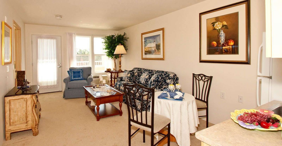 A cozy living room featuring a blue sofa, floral patterned couch, coffee table, and a small dining area with elegant chairs.