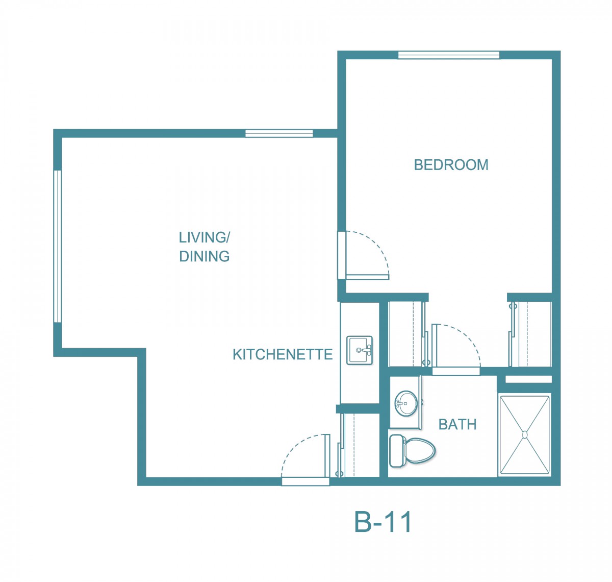 A floor plan of a small apartment featuring a living and dining area, kitchenette, bedroom, and bathroom.