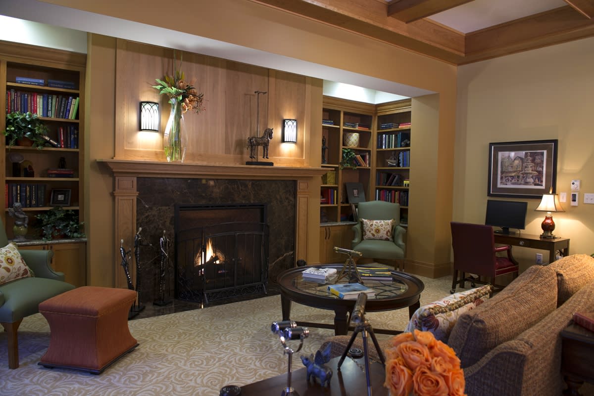 A cozy living room with a warm fireplace, surrounded by wood paneling and stylish furniture, featuring bookshelves and decorative elements.