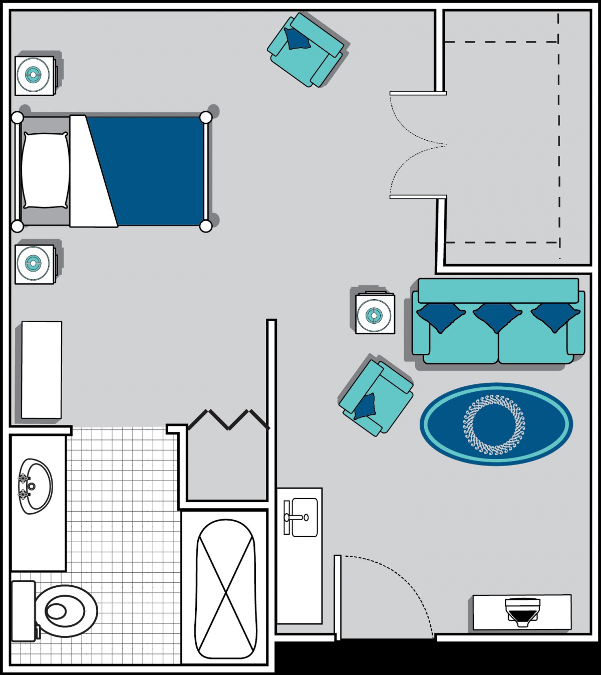 A detailed floor plan of a one-bedroom apartment including a living room, kitchen, bathroom, and bedroom.