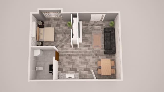 A 3D floor plan of a 1-bedroom apartment featuring a living area, kitchen, and bathroom.