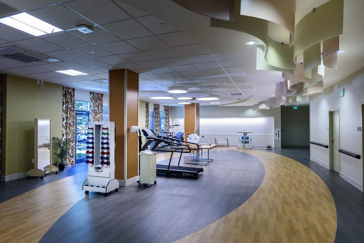 A modern gym interior featuring treadmills and fitness equipment.