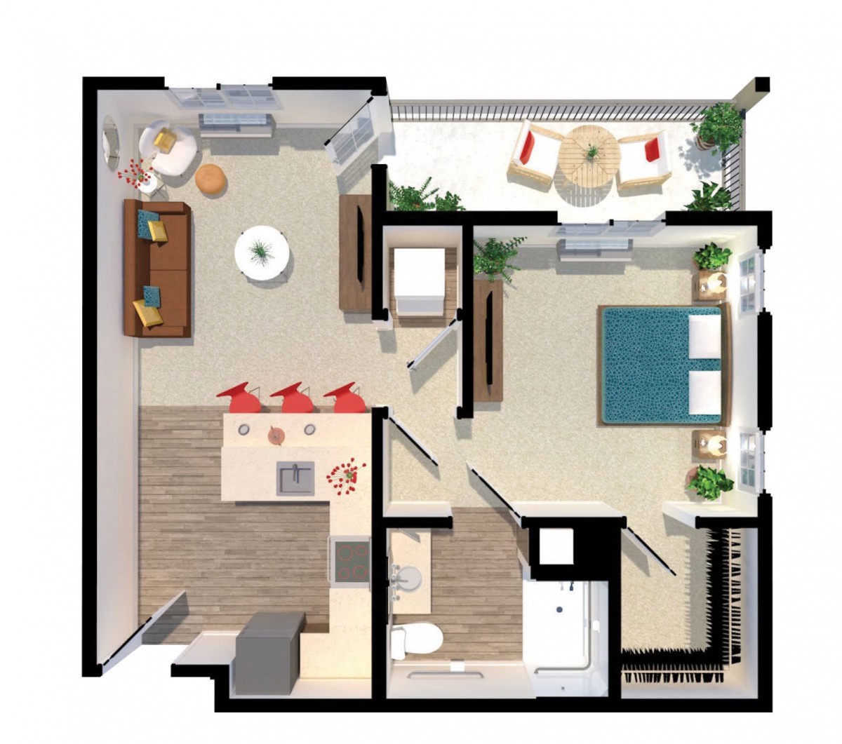 A detailed floor plan of a one-bedroom apartment featuring a kitchen, living room, bathroom, and balcony.