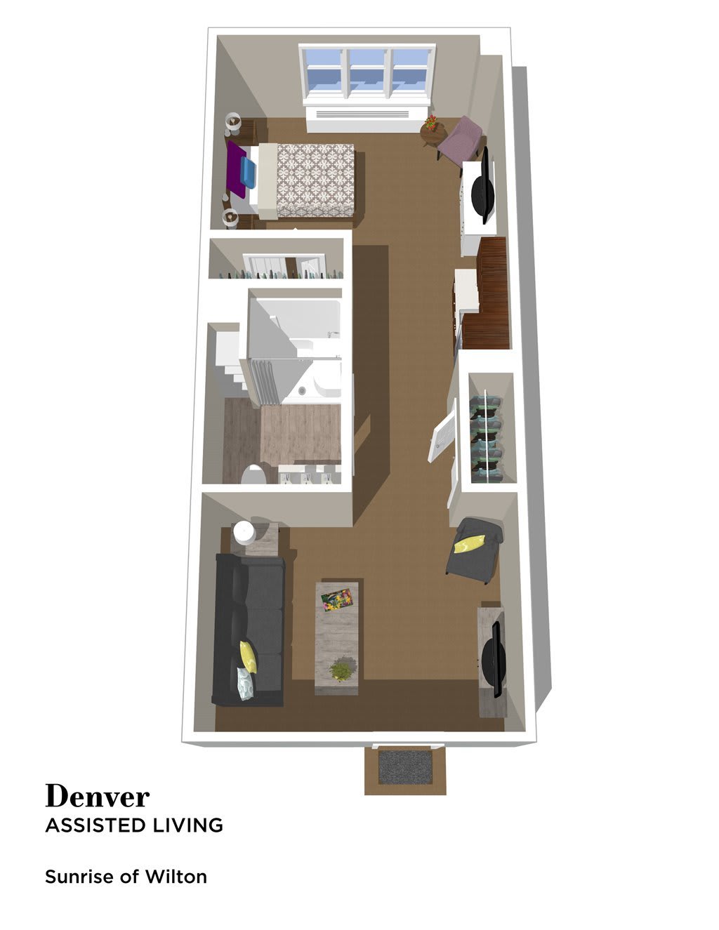 3D floor plan of a one-bedroom apartment with an open living area.