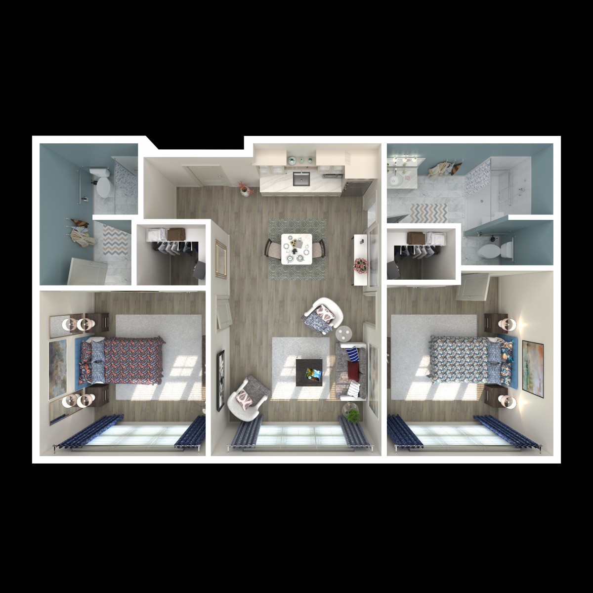 A digital floor plan of a two-bedroom apartment, featuring a central living area, kitchen, and bathrooms.