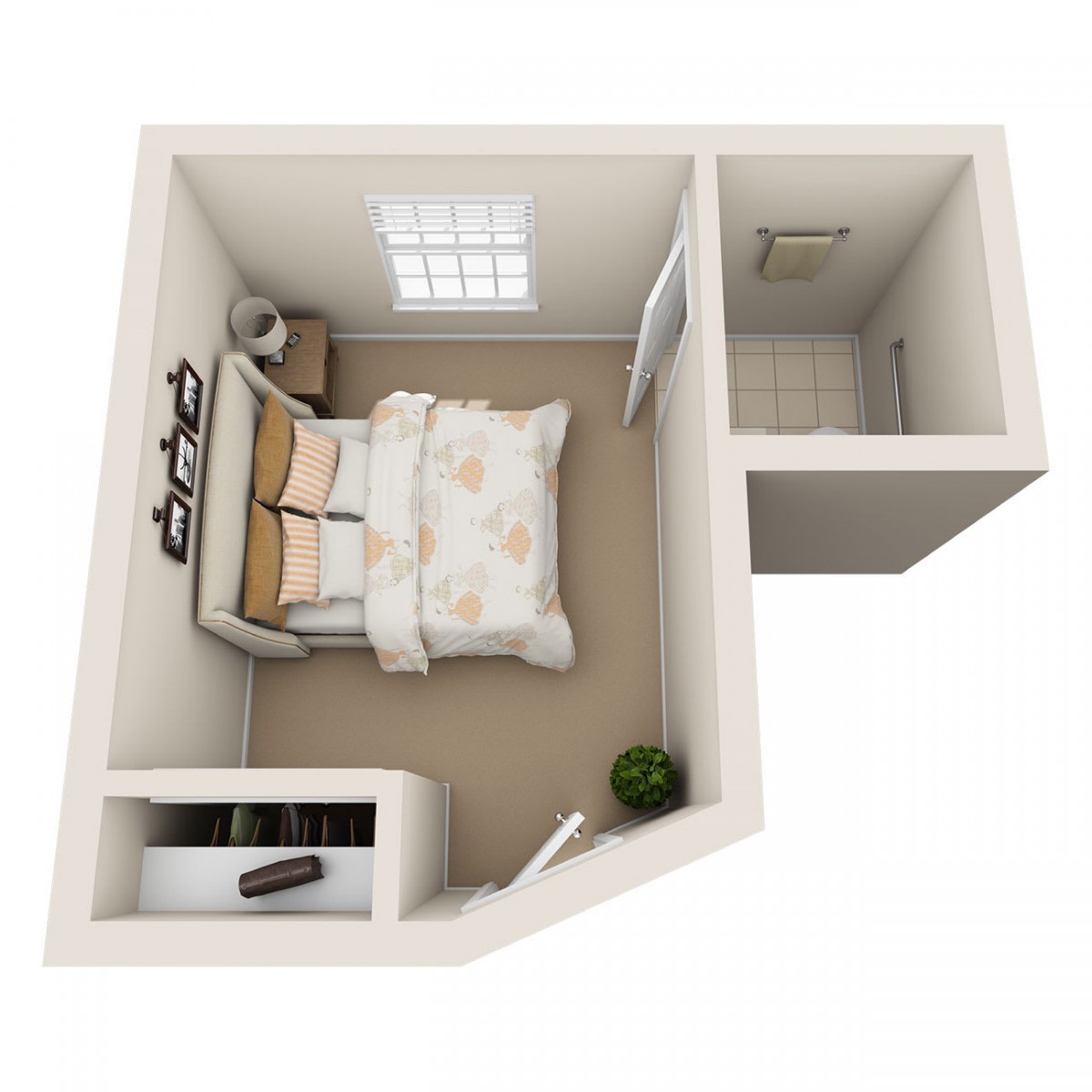 A 3D floor plan of a small bedroom with a bed, side table, and a window, showcasing an efficient use of space.