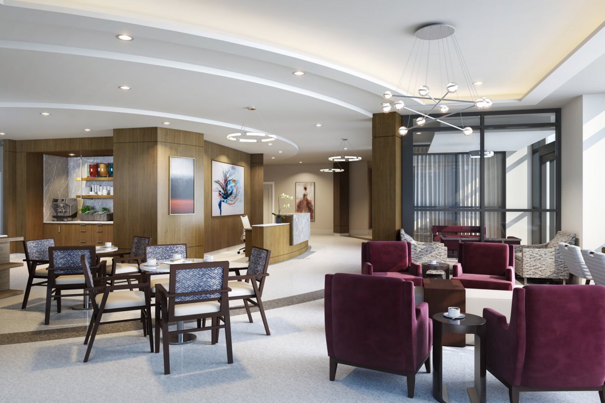 A modern lounge area with comfortable seating and elegant decor.