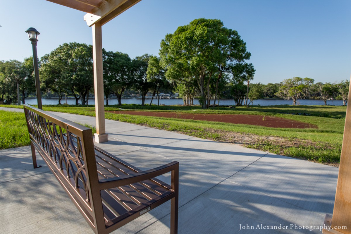 A peaceful park scene with a wooden bench overlooking a lake surrounded by trees.