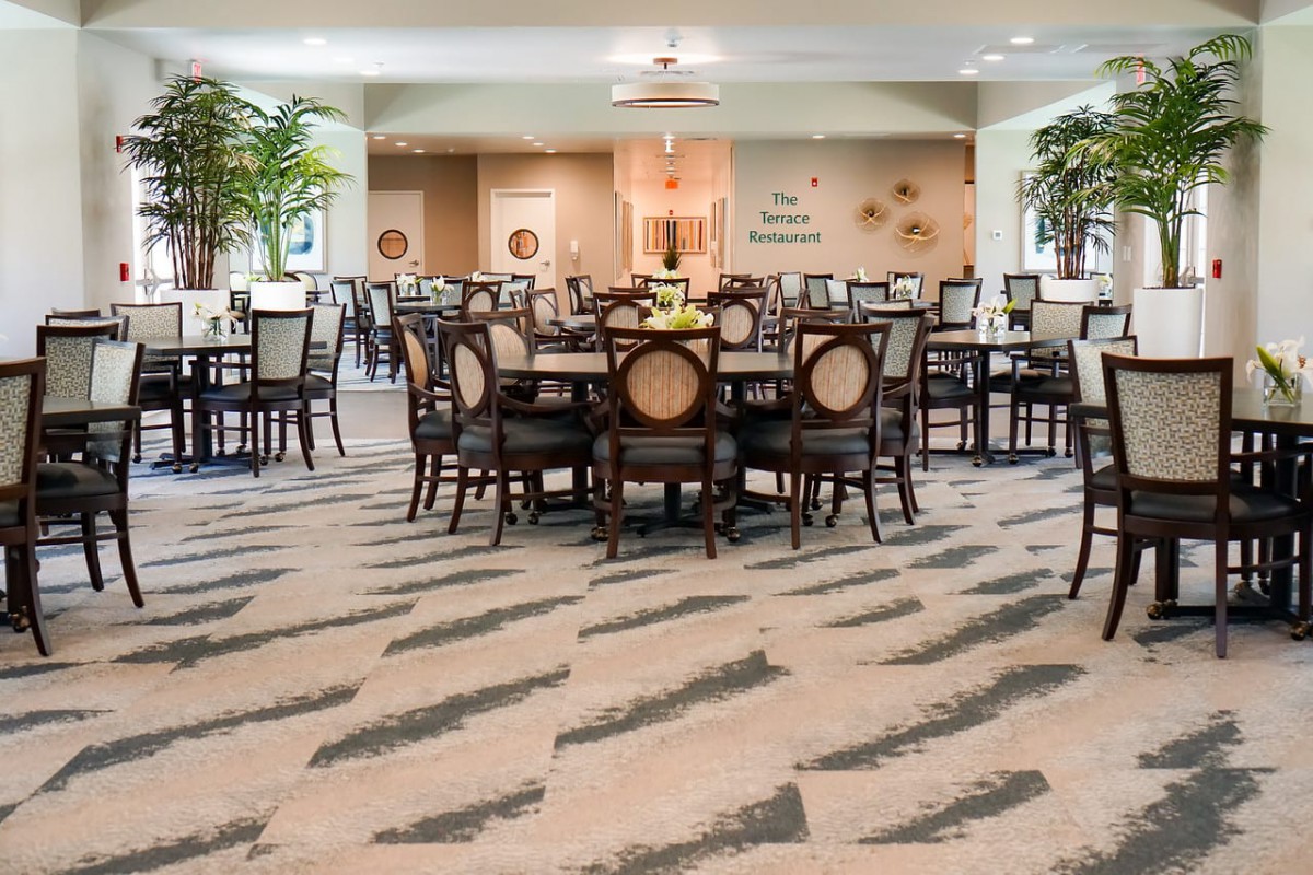 An elegantly arranged dining area with multiple tables and chairs, featuring decorative lighting and indoor plants.