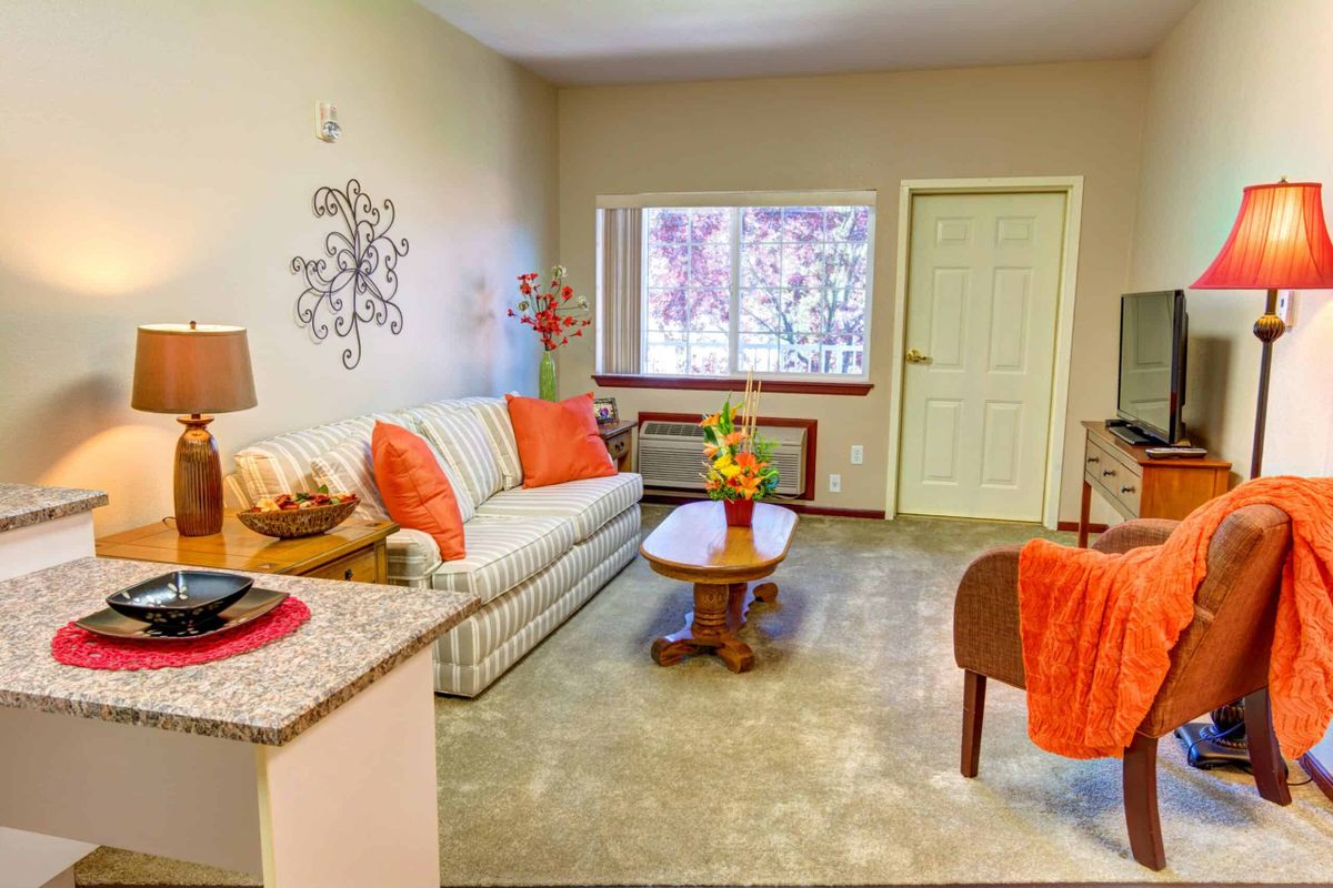 A cozy living room with orange accents and a comfortable sofa.