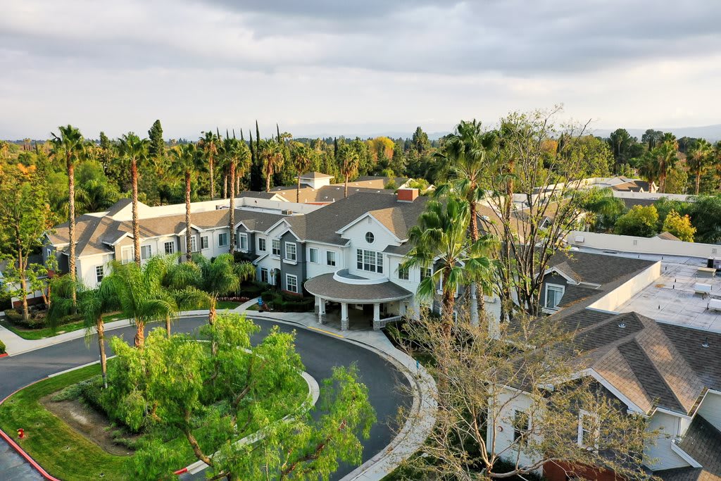 Aerial view of a luxurious mansion surrounded by lush greenery and palm trees.