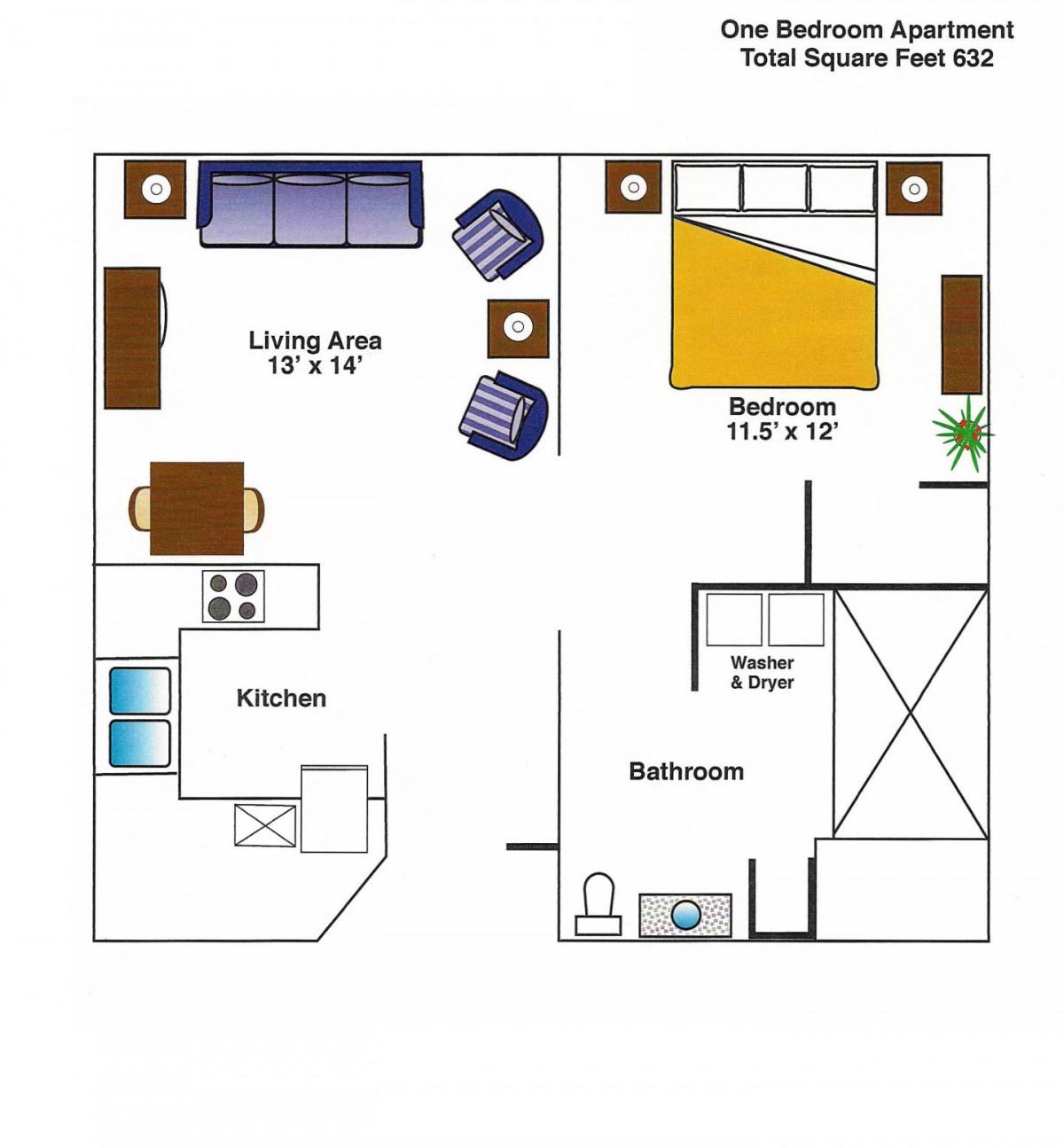 One-bedroom apartment floor plan with designated living area, kitchen, bedroom, and bathroom.