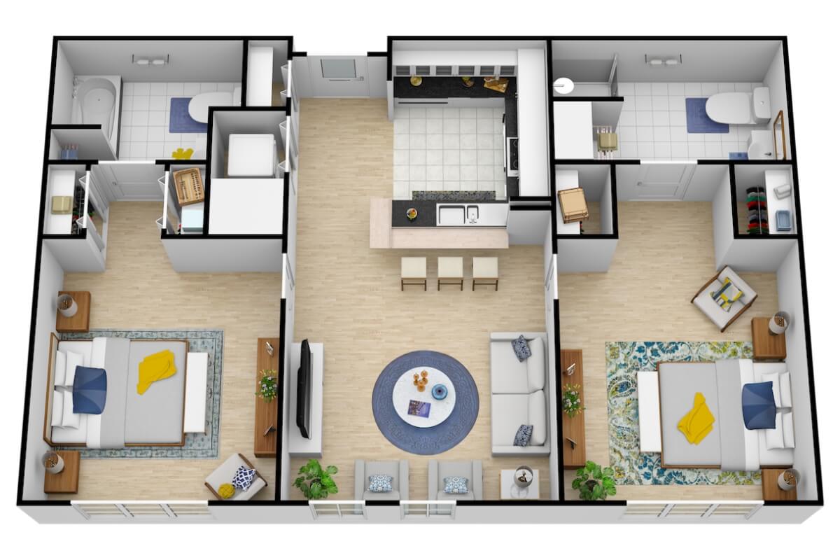 A 3D rendering of a two-bedroom apartment floor plan with a kitchen, living room, and two bathrooms.