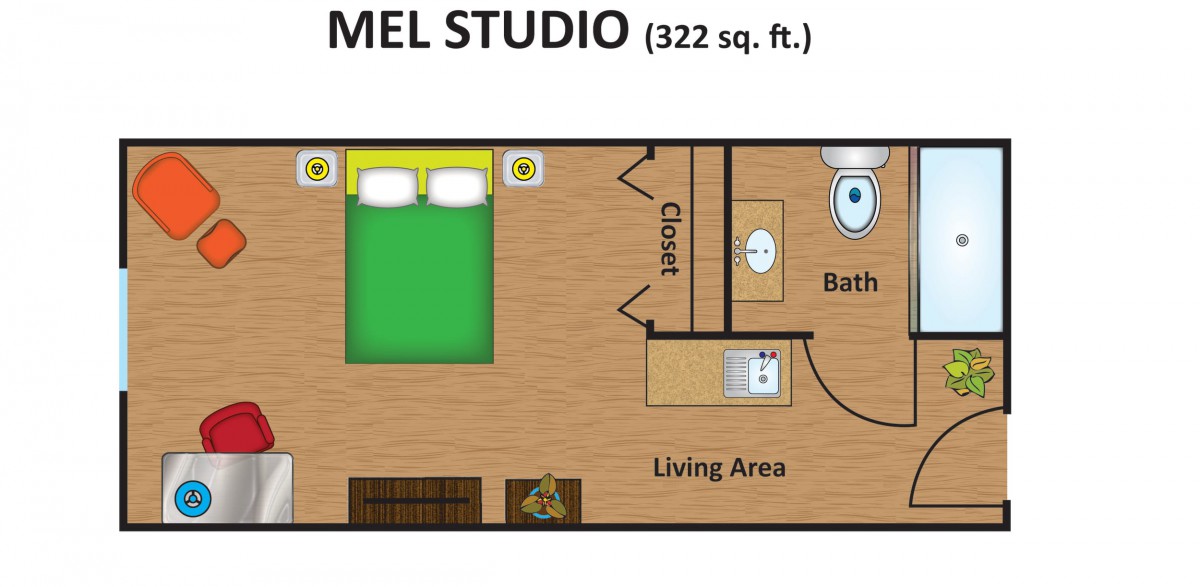 A floor plan of a studio apartment labeled 'MEL STUDIO' with an area of 322 square feet, showing a bedroom, closet, bathroom, and living area.
