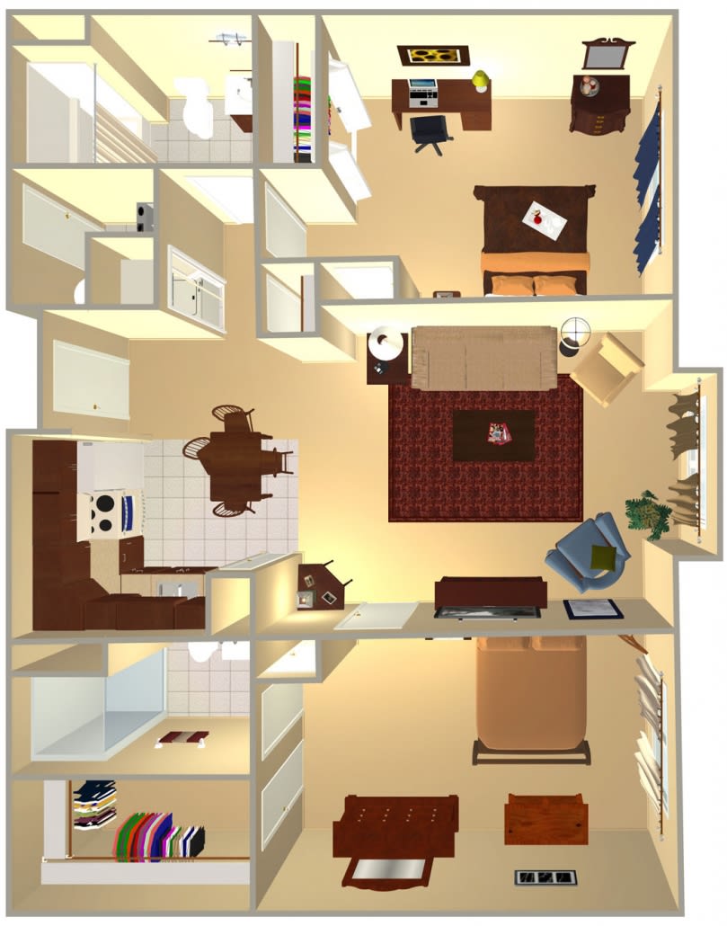 A 3D rendered floor plan of a modern apartment layout.