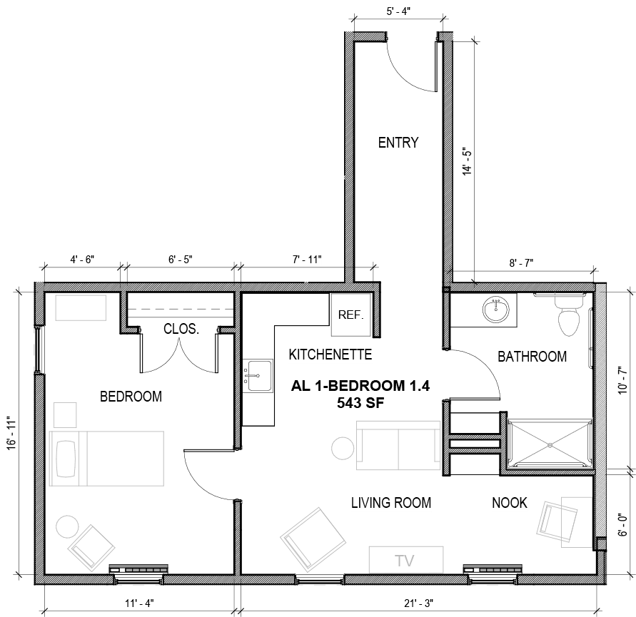 A detailed floor plan illustrating the layout of an apartment with bedrooms, a kitchen, and living areas.