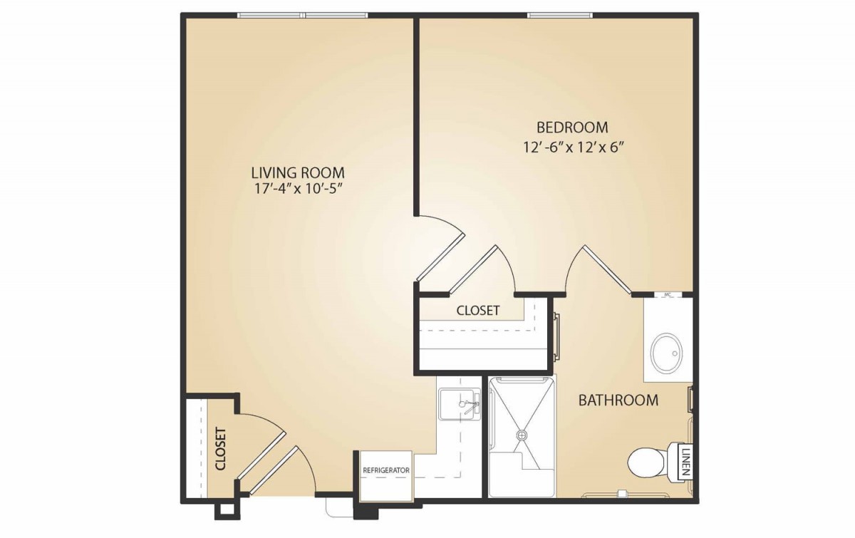 A floor plan of a one-bedroom apartment, featuring a living room, bathroom, and closet.