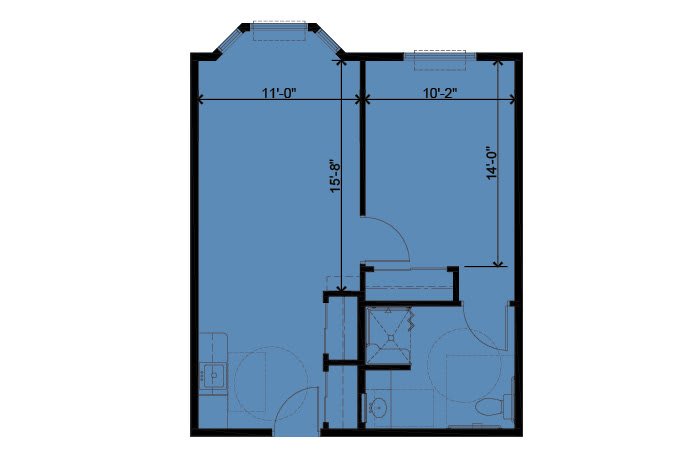 Blueprint of an apartment layout with labeled dimensions.
