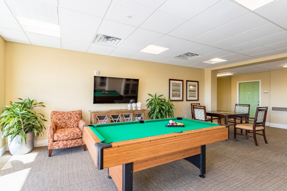 A well-lit game room featuring a pool table, television, armchair, and decorative elements.