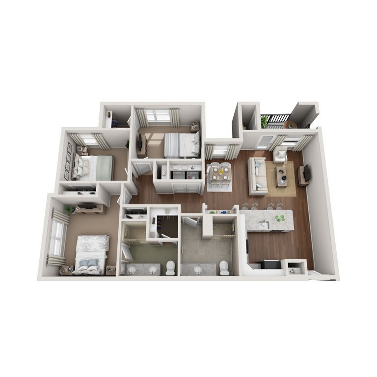 3D floor plan of an apartment with multiple rooms and a spacious layout.